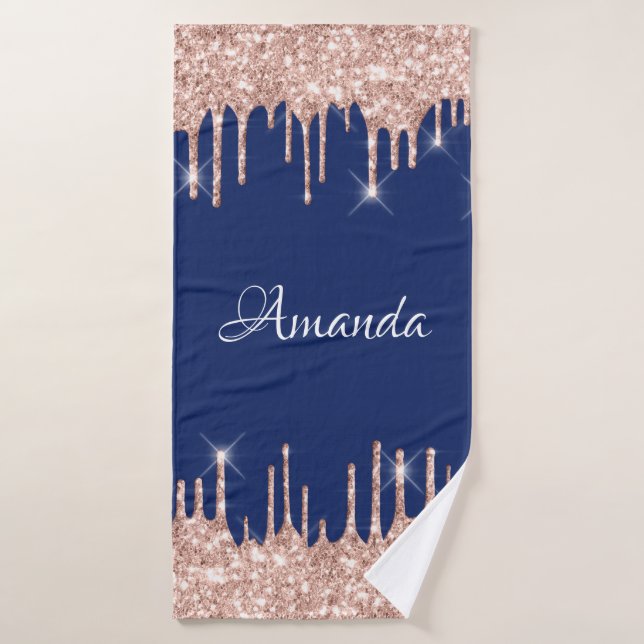 Name Sparkly Glitter Drips Pink Rose Blue Navy Bath Towel (Bath Towel)