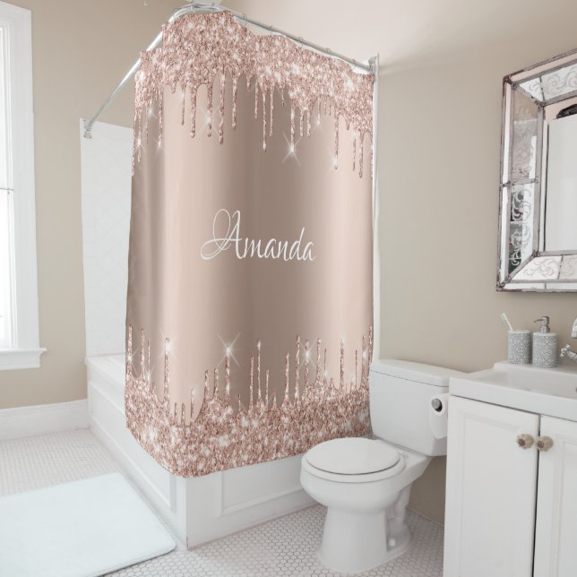 Name Sparkly Glitter Drips Pink Rose Blush Bridal Shower Curtain (In Situ)