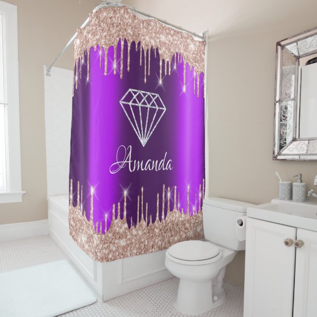 Name Sparkly Glitter Drips Pink Rose Purple Bridal Shower Curtain (In Situ)