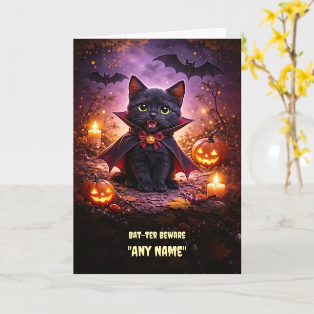 Name Specific Halloween with Black Cat Bats Card (Yellow Flower)