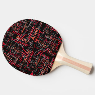 Name Stamped in Red all-over a Black Ping Pong Paddle