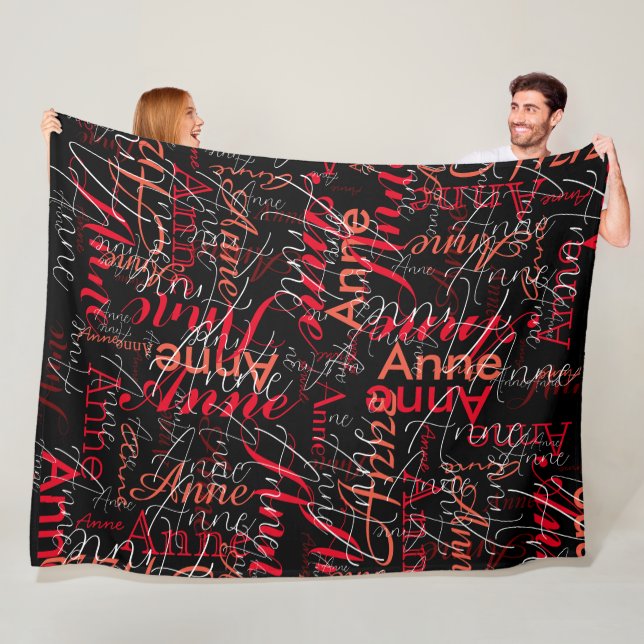 Name Stamped in Red all-over BLACK Fleece Blanket (In Situ)
