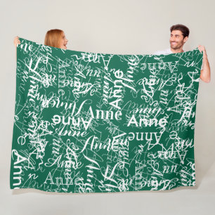 Name Stamped in White All-Over Green Fleece Blanket