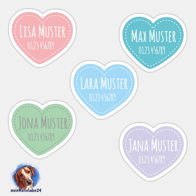 name sticker Small hearts | Form - sticker (Konturgeschnittene Namensaufkleber für Kinder - Kleine Herzen in Pastellfarben - personalisierbar )