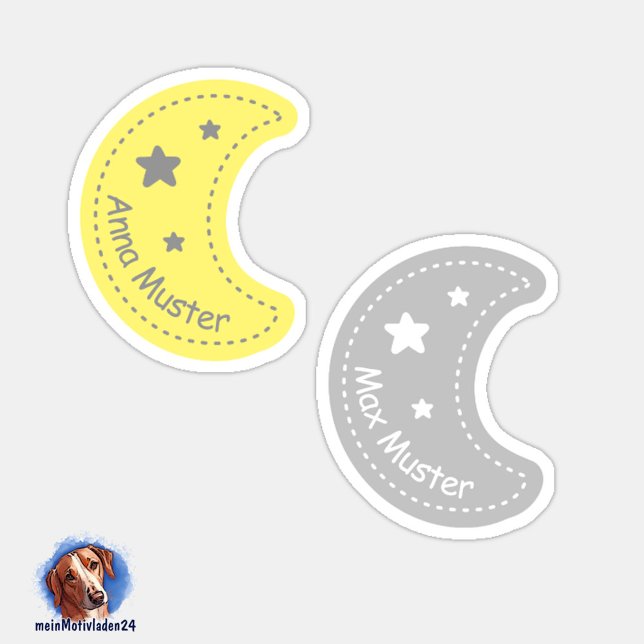 name sticker Small moon | 24 Form - sticker (Konturgeschnittene Namensaufkleber für Kinder - Kleiner Mond in gelb und grau, personalisierbar )