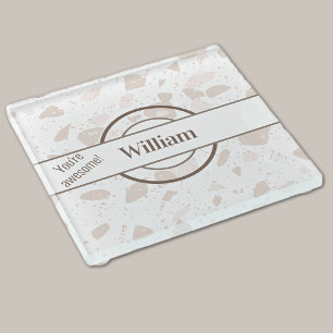 Name, Subtle Tan & Beige Terrazzo Pattern Glass Coaster