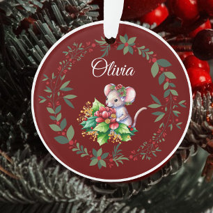 Name Sweet Mouse Burgundy Christmas  Ornament