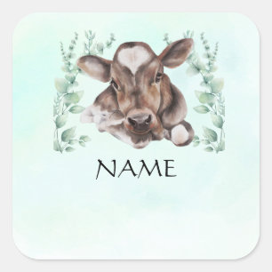 Name TagBaby shower Baby Cow  Eucalyptus  Square Sticker