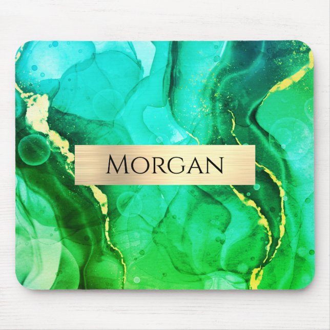 Name, Teal Yellow & Green Liquid Ink, Gold Bar Mouse Mat (Front)
