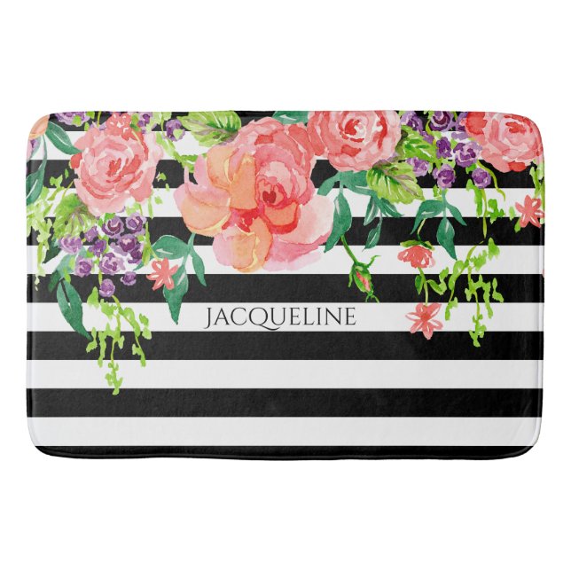 Name Template Bathroom Modern Floral Stripe Black Bath Mat (Front)