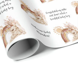 Name Text Boho Bear Rainbow Sun Animal Baby Shower Wrapping Paper