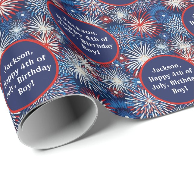 Name Text Red Blue White 4th of July Birthday Wrapping Paper (Roll Corner)