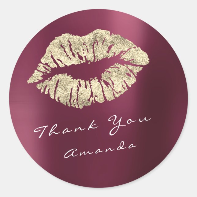 Name Thank You Metal Kiss Gold Burgundy Red Makeup Classic Round Sticker (Front)