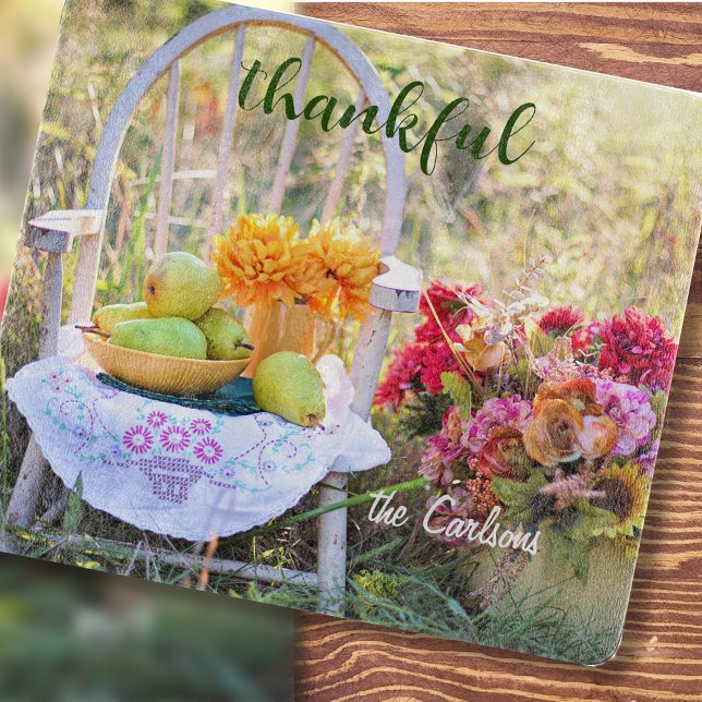 Name, Thankful Autumn Wildflowers Glass Cutting Board (Creator Uploaded)
