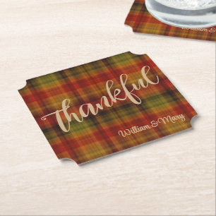 Name, Thankful Plaid Pattern Autumn Ticket Shape Paper Coaster