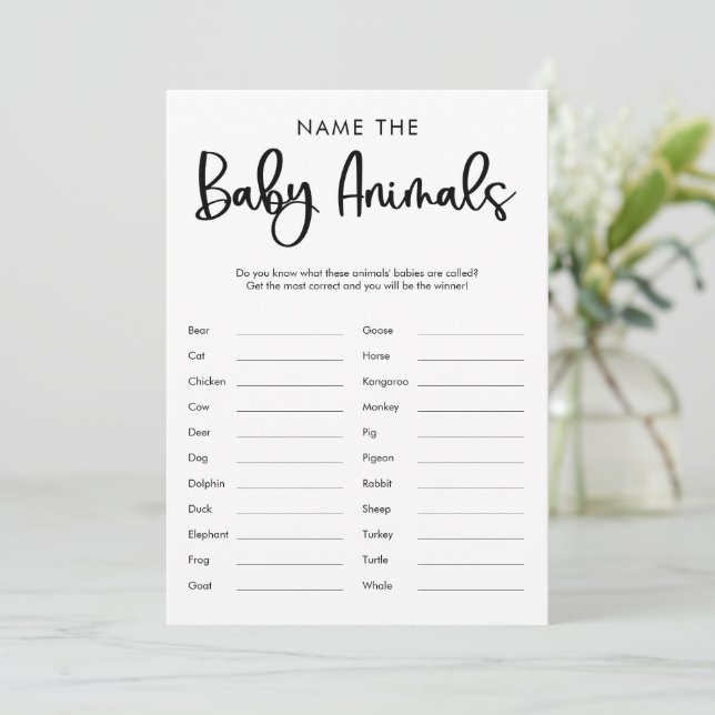 Name that baby animals baby shower game minimalist invitation (Standing Front)
