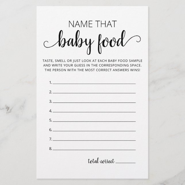 Name That Baby Food Baby Shower party game (Front)