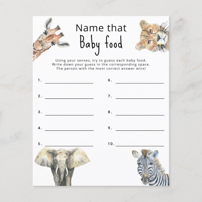Name that baby food - safari baby shower game (Front)