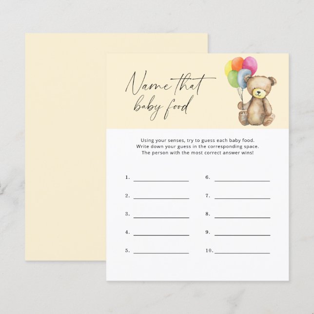 Name that baby food shower game - Bear (Front/Back)