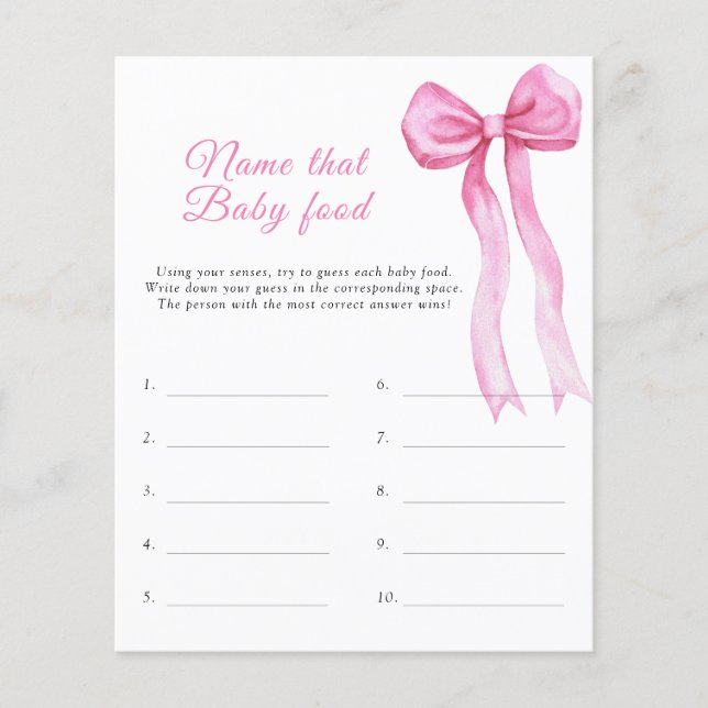 Name that baby food shower game - pink bow theme (Front)