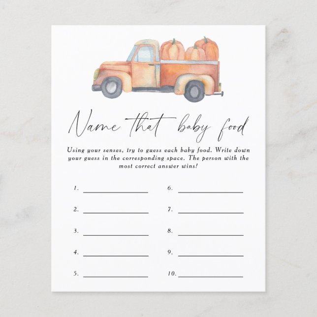 Name that baby food shower game - Truck Pumpkin (Front)