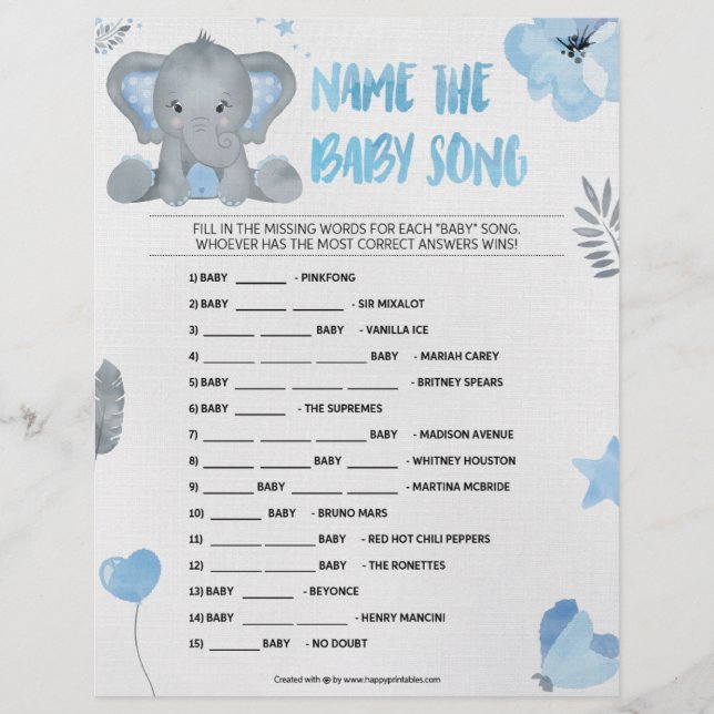 Name That Baby Song [Baby Elephant [Blue]] Custom Letterhead (Front)