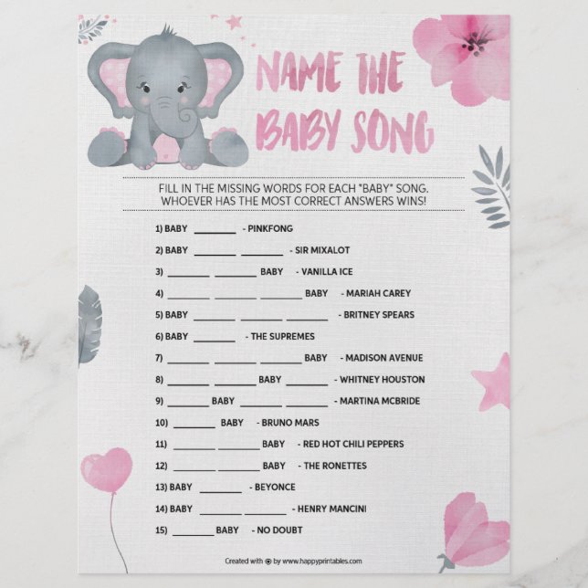 Name That Baby Song [[Baby Elephant [Pink]] Custom Letterhead (Front)