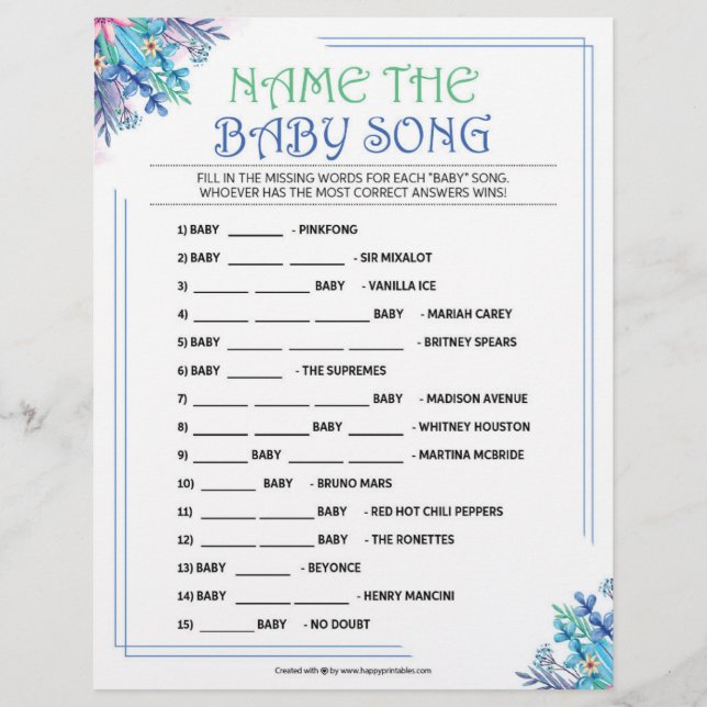 Name That Baby Song [Blue Floral] Custom Letterhead (Front)