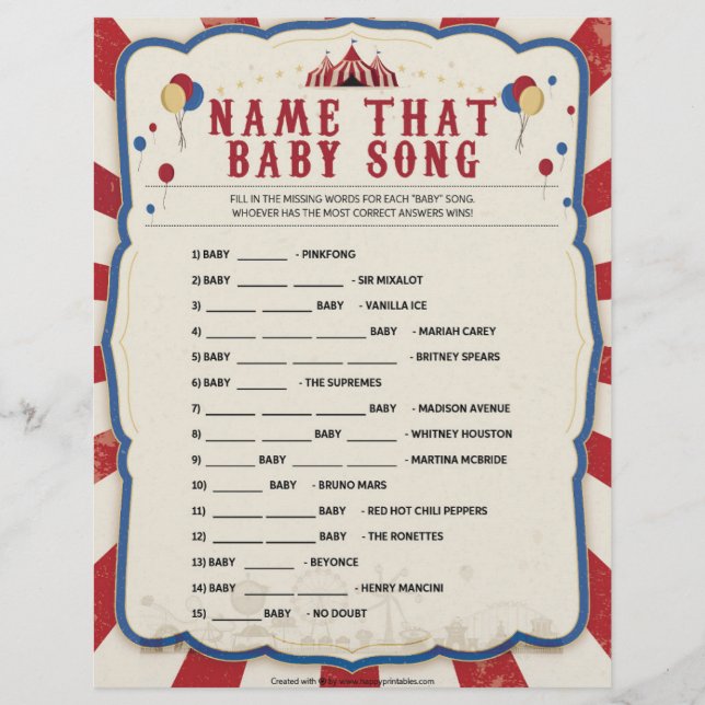 Name That Baby Song [Circus Theme] Custom Letterhead (Front)
