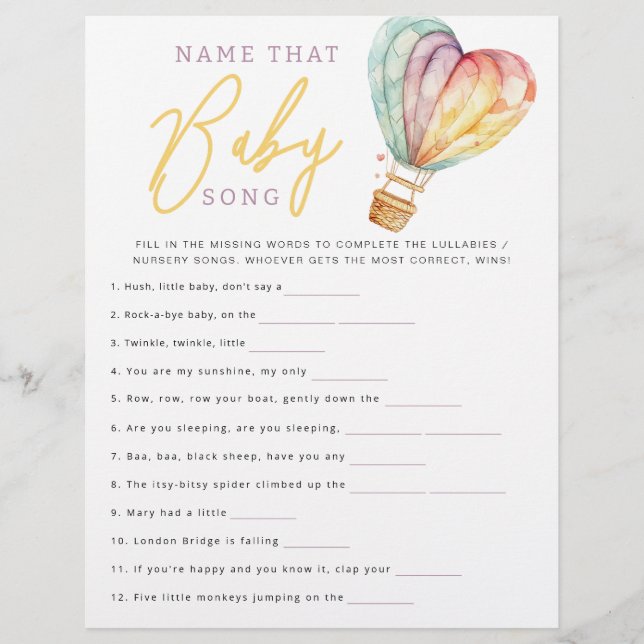 Name That Baby Song Shower Game Sheet (Front)