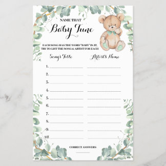 Name that Baby Tune Bear Greenery Shower Game Card