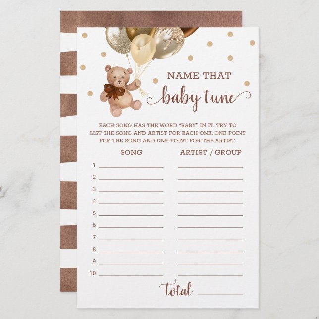 Name That Baby Tune Game Baby Shower Teddy Bear  (Front/Back)