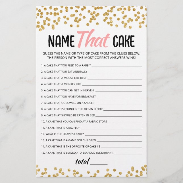 Name that cake Party game with Answers (Front)