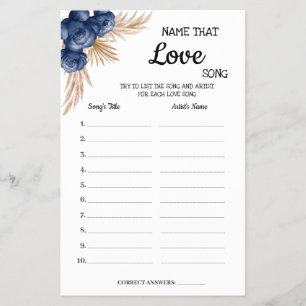 Name that Love Song Blue Flowers Shower Game Card