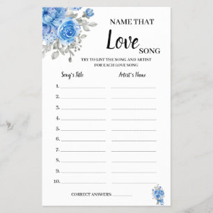 Name that Love Song Blue Flowers Shower Game Card