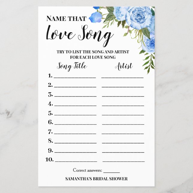 Name that Love Song Bridal Shower Blue Game Card (Front)