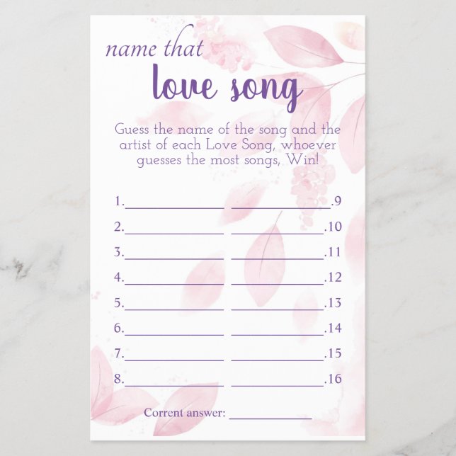 Name that Love Song Bridal Shower Game Card (Front)