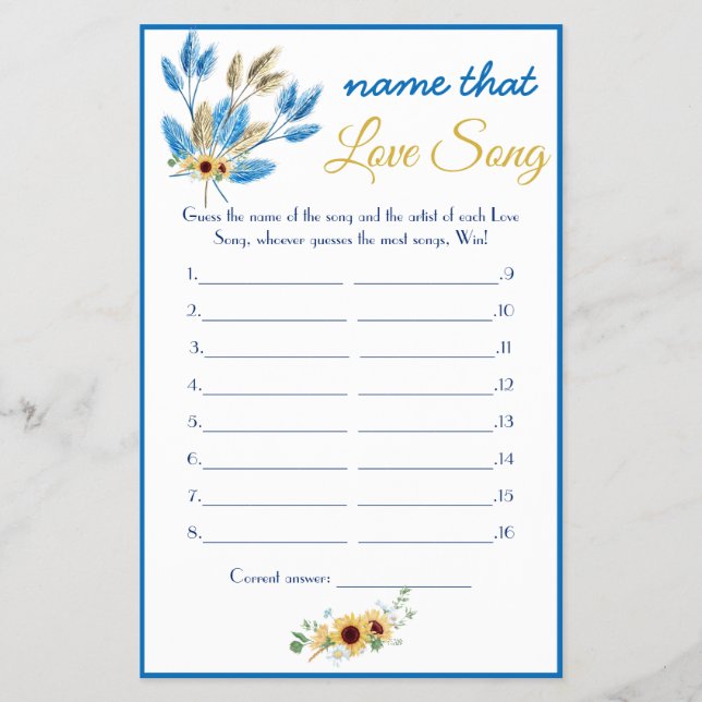 Name that Love Song Bridal Shower Game Card Flyer (Front)