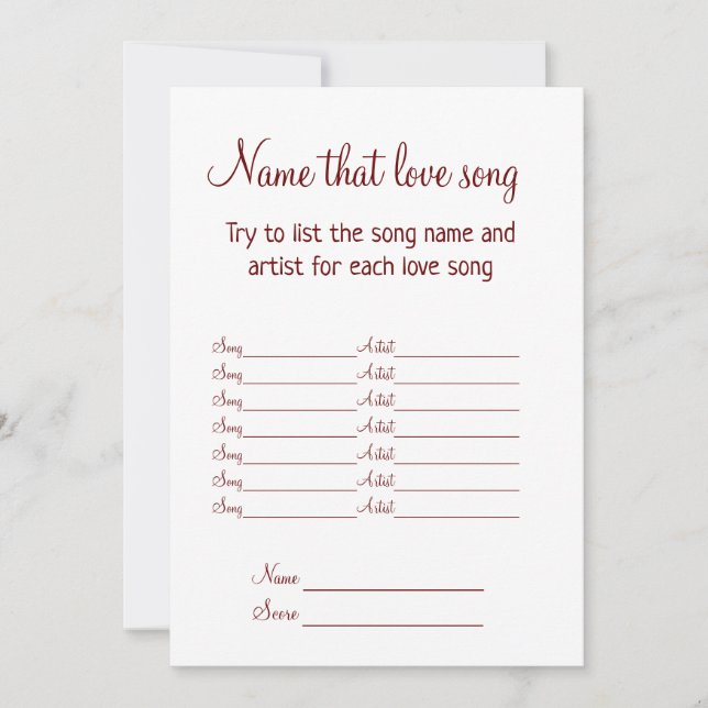name that love song bridal shower game holiday card (Front)