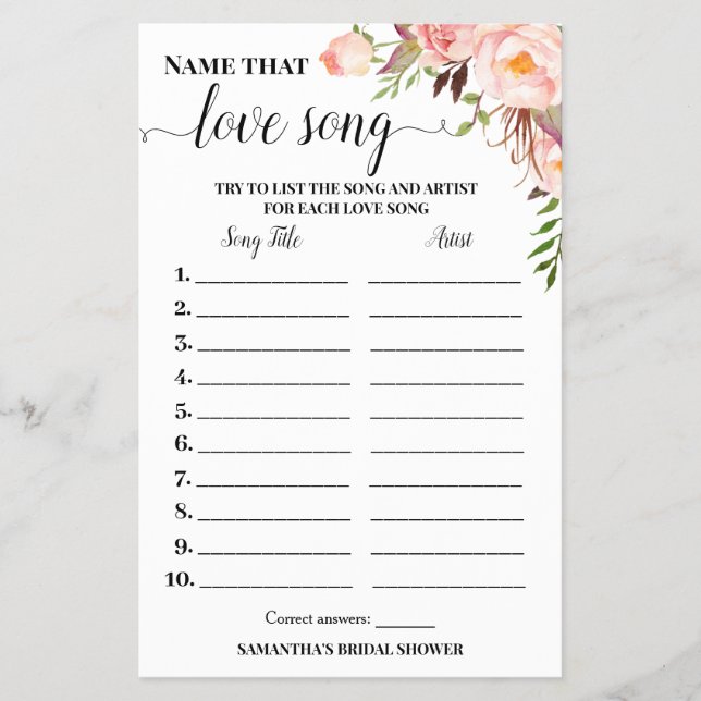 Name that Love Song Bridal Shower Pink Game Card (Front)