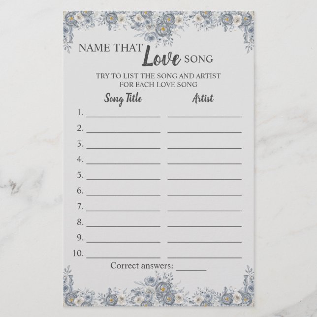 Name that Love Song Grey Floral Game Card (Front)