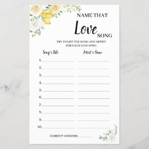 Name that Love Song Lemons&Roses Shower Game Card