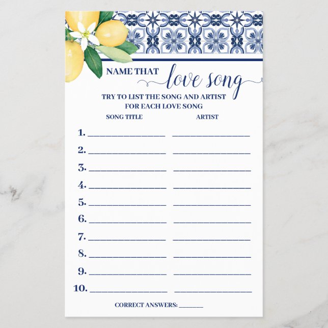 Name that Love Song Mediterranean Shower Game Card (Front)
