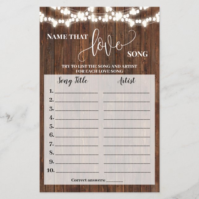Name that Love Song Shower Western Game Card (Front)