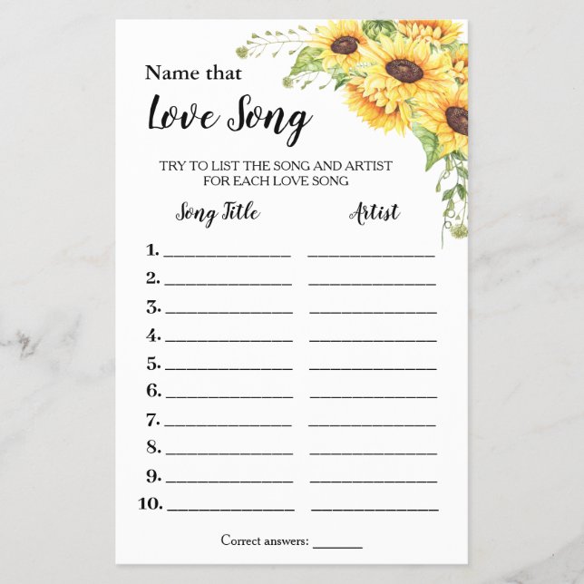 Name that Love Song Sunflowers Shower game card (Front)