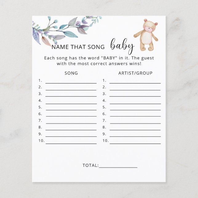 Name that song Bear baby shower game (Front)