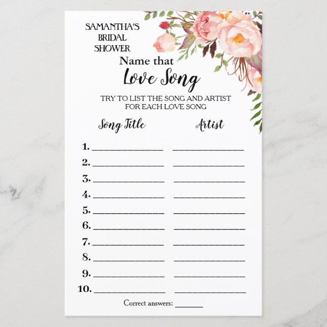 Name that song bridal shower english spanish game (Front)