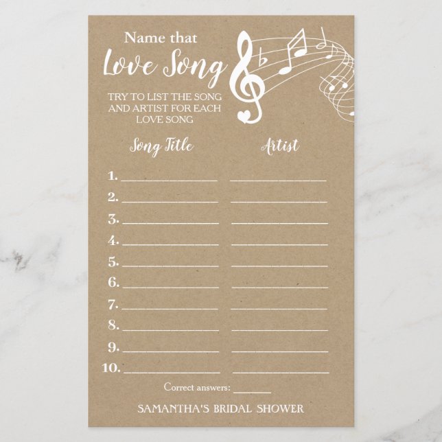 Name that song bridal shower english spanish game (Front)