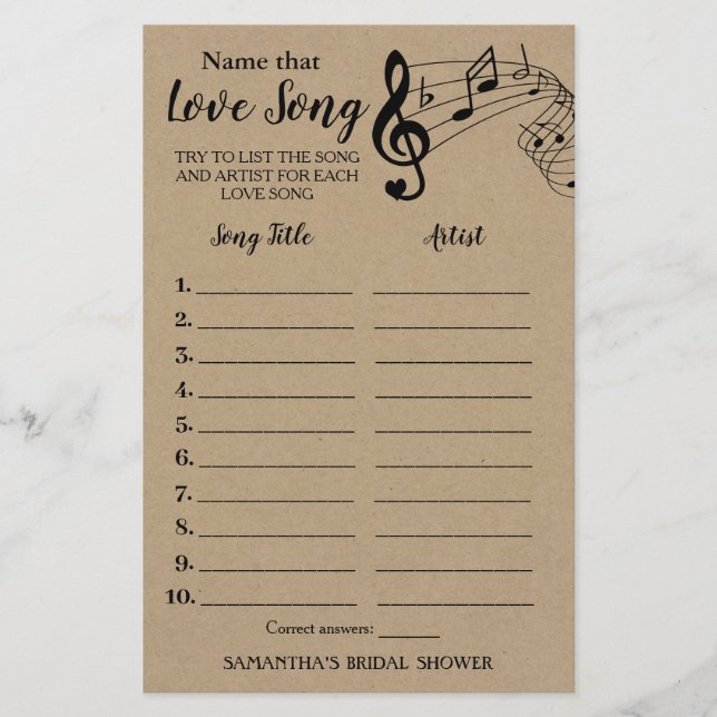 Name that song bridal shower english spanish game (Front)