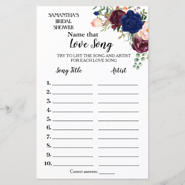 Name that song bridal shower english spanish game (Front)